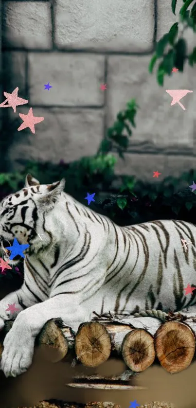 Tranquil white tiger with colorful stars on logs against a natural backdrop.