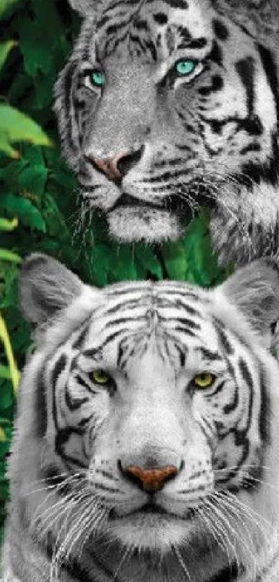 Two white tigers in green jungle wallpaper.