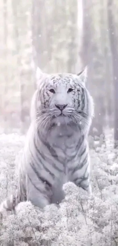 White tiger in snowy forest mobile wallpaper.