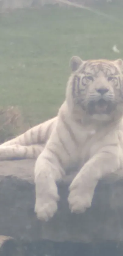 Majestic white tiger on a rock background.