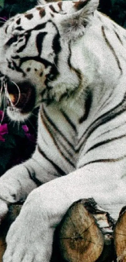 Majestic white tiger resting in lush greenery.