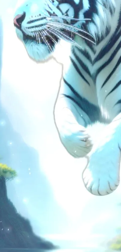Majestic white tiger in a mystical landscape, perfect mobile wallpaper.