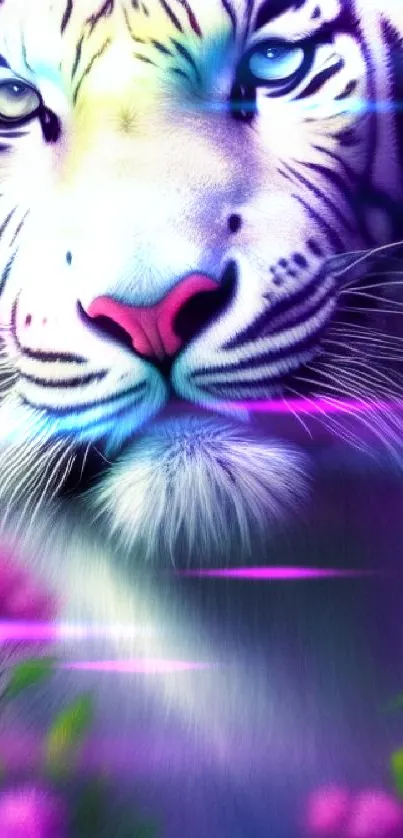 Close-up of a white tiger with purple and pink floral accents.