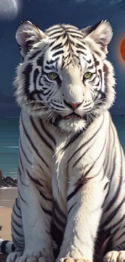 White tiger sits on a beach under a moonlit sky, with planets in the background.