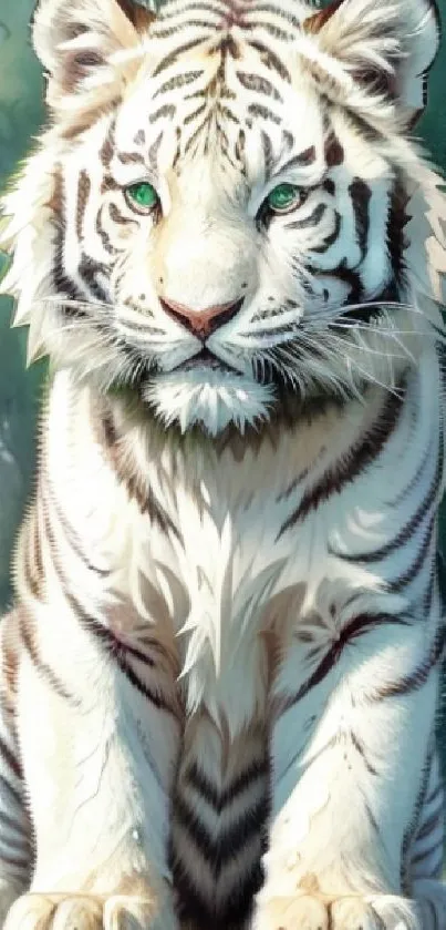 Majestic white tiger with green eyes in a lush forest wallpaper.