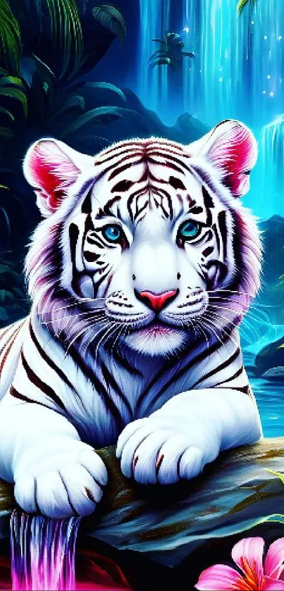 Majestic white tiger relaxing in a vibrant jungle scene with a waterfall.