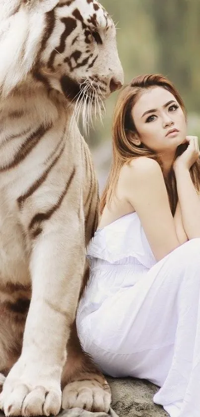 A white tiger and woman in a peaceful setting, ideal for a serene wallpaper.