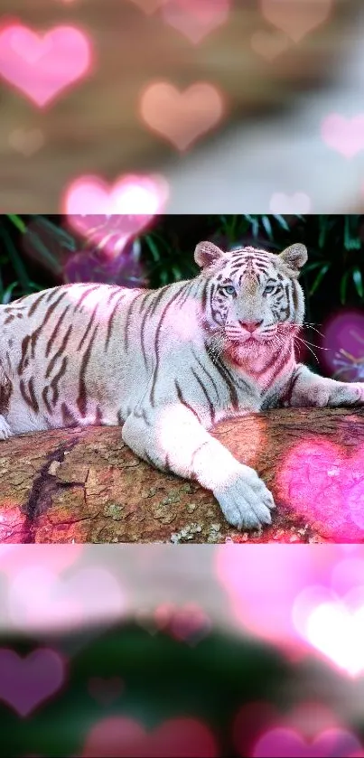 White tiger resting on a rock with pink heart background.