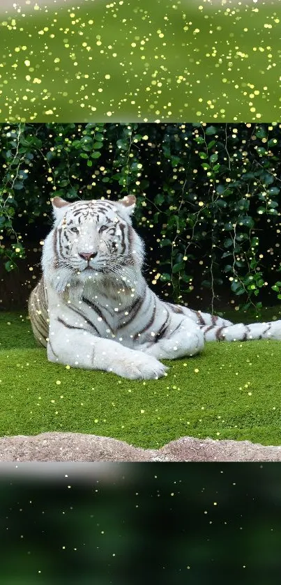 White tiger on green grass with sparkling sky effect.