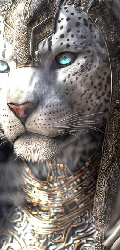 Close-up of a majestic white tiger with blue eyes in a fantasy-inspired design.