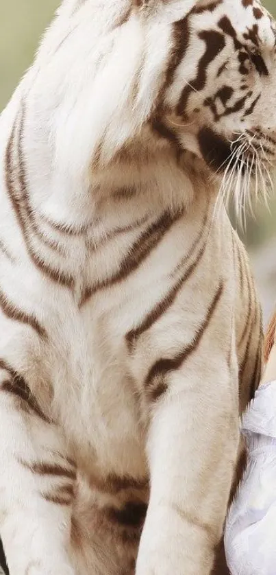 Majestic white tiger with elegant stripes on a mobile wallpaper background.