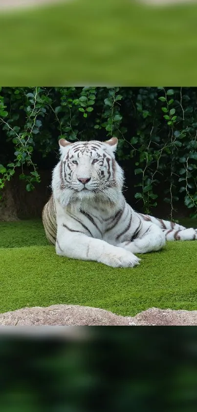 White tiger lying on green grass with lush leaves.