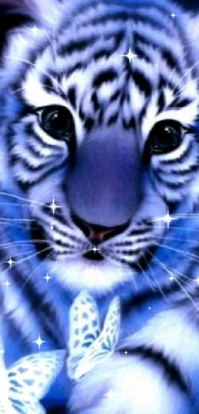 White tiger with butterflies on a blue background mobile wallpaper.