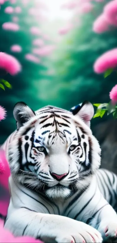 Majestic white tiger among pink blossoms in a lush jungle background.