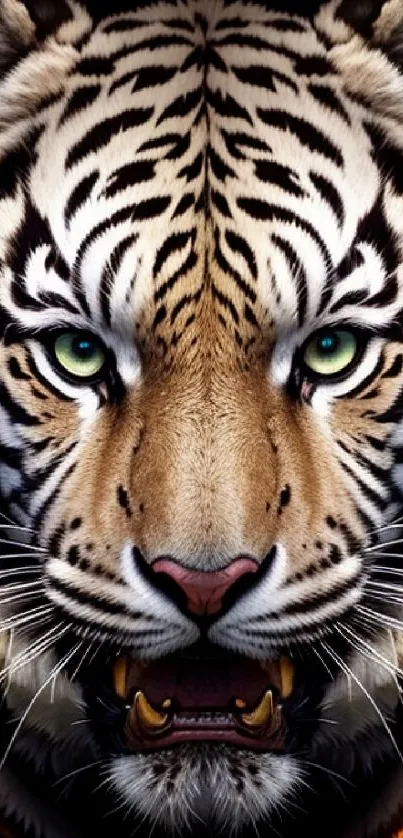 Close-up image of white tiger with piercing eyes and flames for mobile wallpaper.