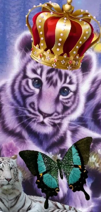 Majestic white tiger with crown and butterflies on a purple background.