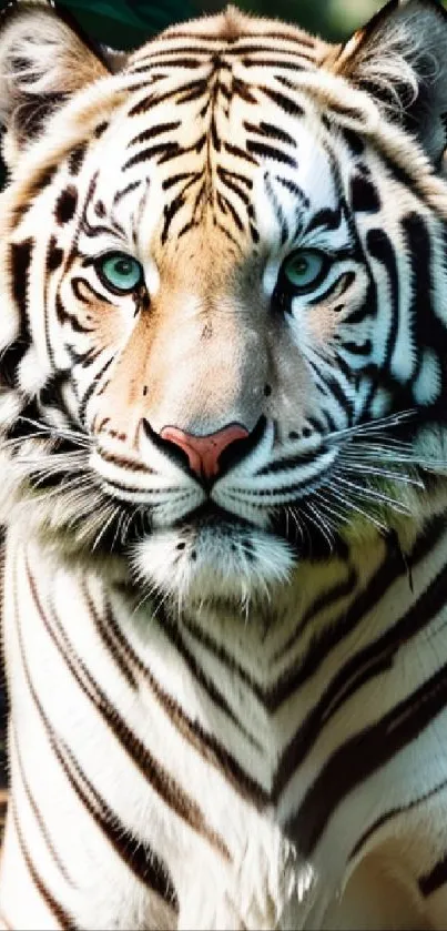 Stunning portrait of a white tiger with striking blue eyes in natural habitat.