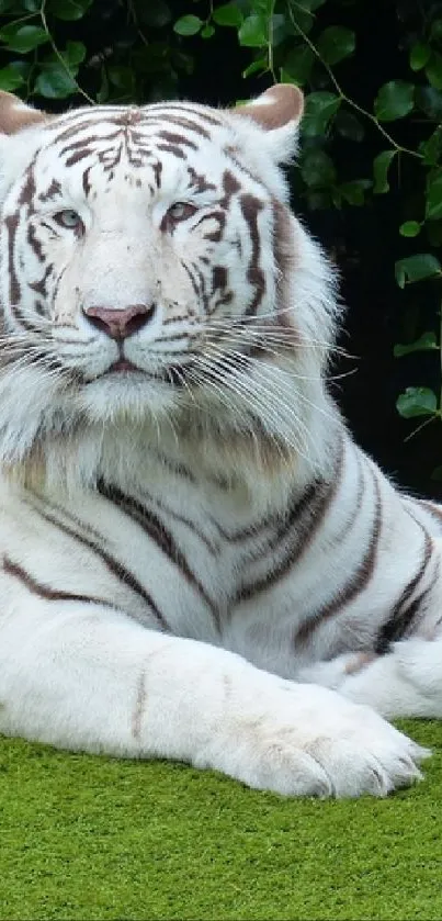 Majestic white tiger resting on grass with lush greenery background.