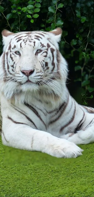 Majestic white tiger lounging on grass