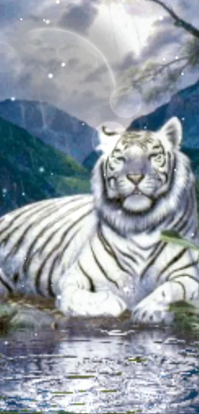 Majestic white tiger in a serene jungle setting by the water.