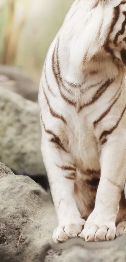 Majestic white tiger on rocky terrain wallpaper.