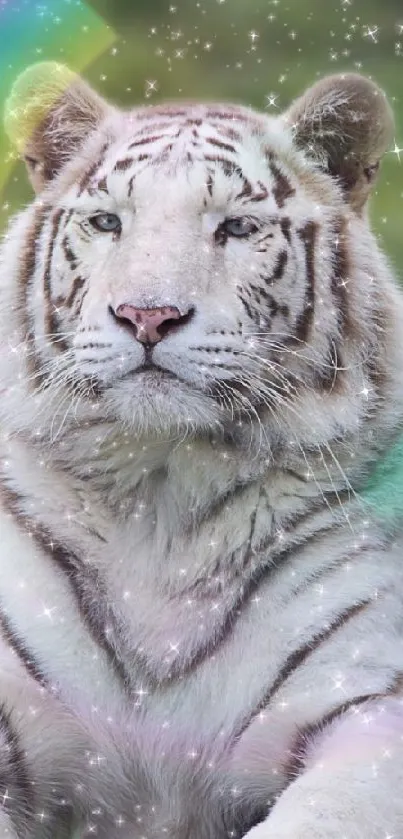 White tiger with rainbow aura on grass