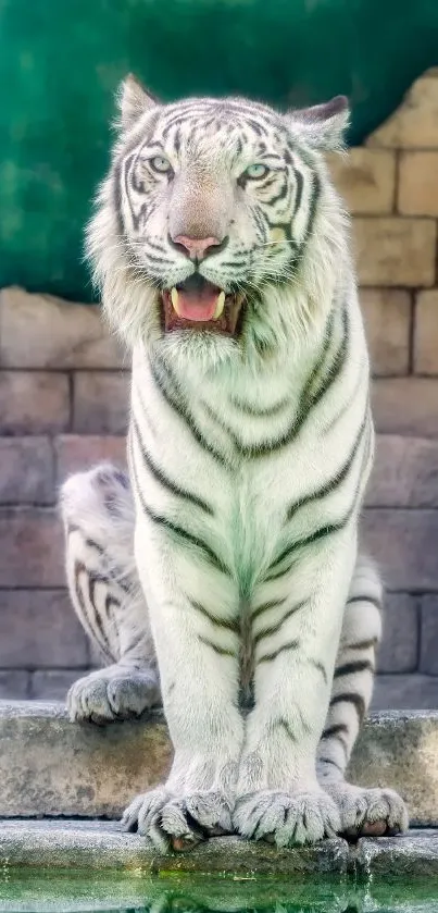 Majestic white tiger sitting against stone wall with reflection in water.