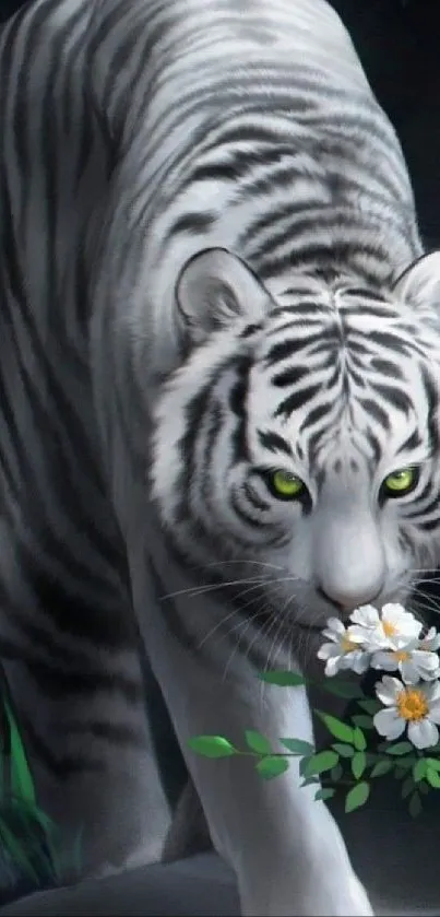 Majestic white tiger with green eyes and white flowers in a dark forest.