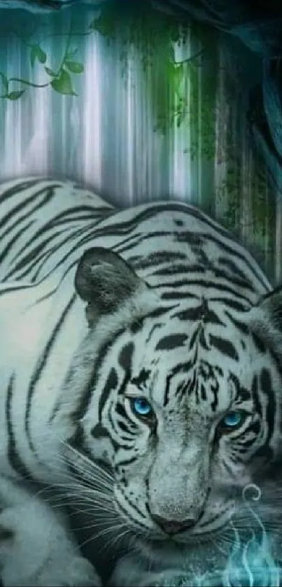 White tiger in mystical forest with waterfall.