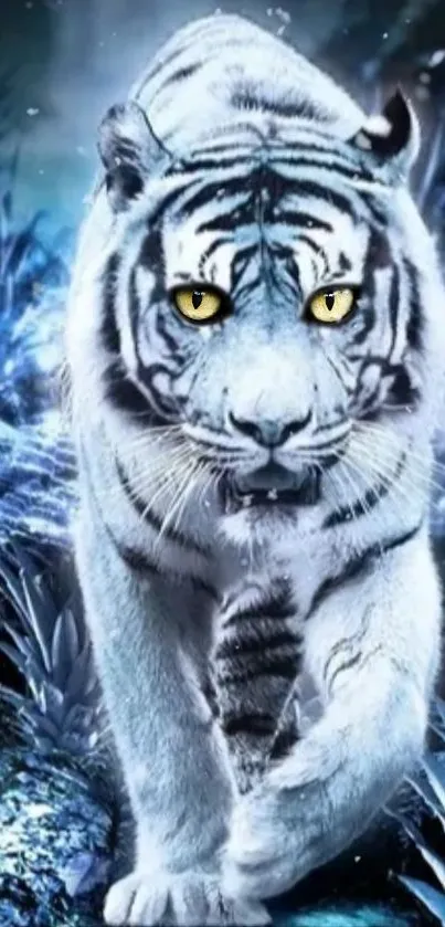 Majestic white tiger walking in a mystical blue forest scene.