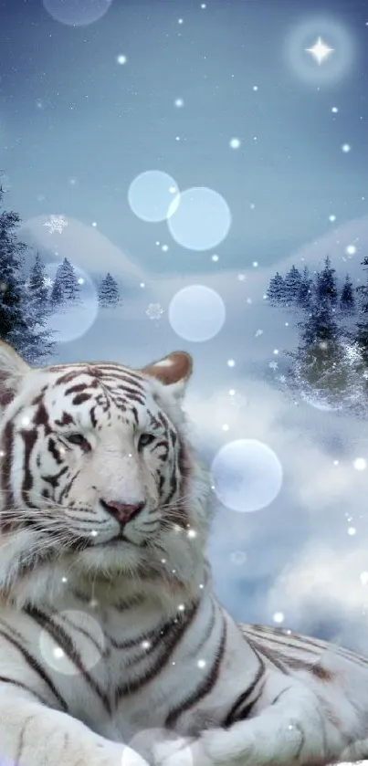 Majestic white tiger resting in a snowy forest under a full moon.