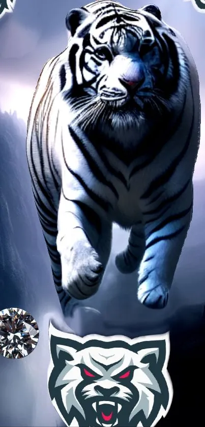 Dynamic white tiger with blue-grey background on phone wallpaper.