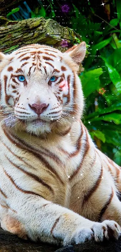 White tiger resting in a lush jungle setting.