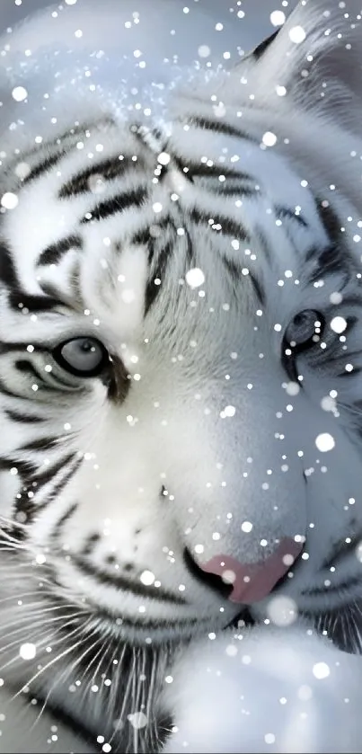 Majestic white tiger resting in snow with striking black stripes.