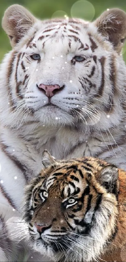 White tiger resting on green grass with serene background.