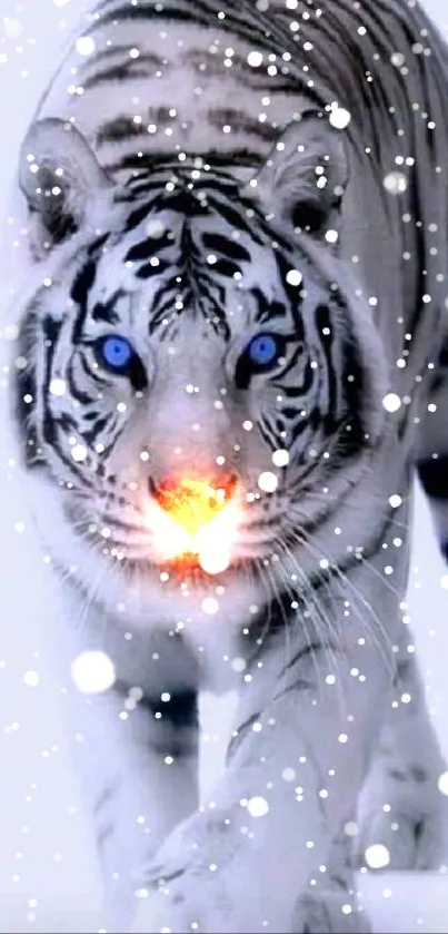 A majestic white tiger with blue eyes and black stripes on a bright background.