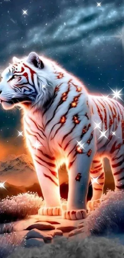 Majestic white tiger with glowing stripes under a starry night sky on a mountain path.