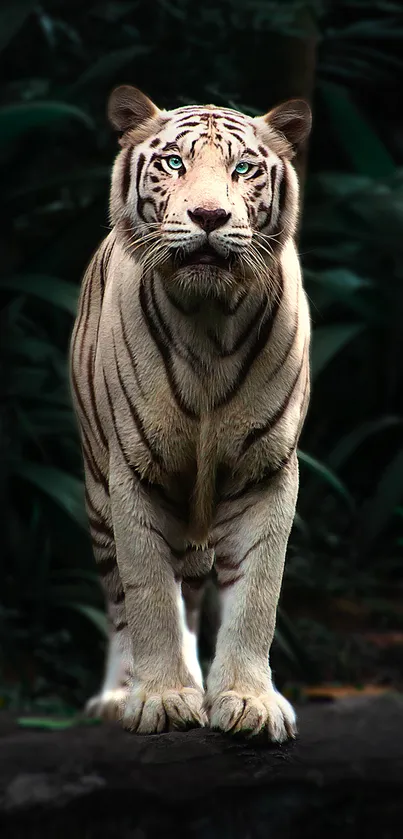 White tiger standing in lush jungle background.