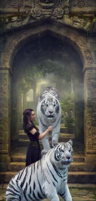 Fantasy art of a girl with white tigers under an ancient stone archway.