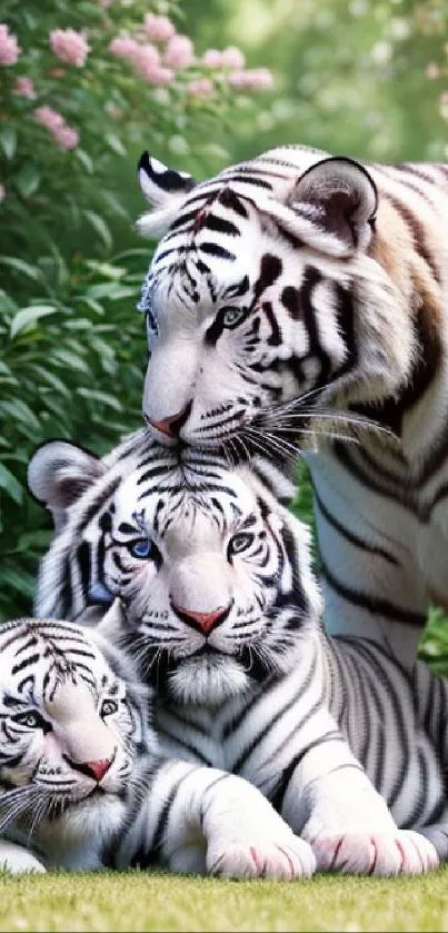 White tiger family in lush green jungle setting.