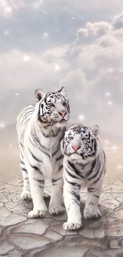 Two white tigers roam a desert under a cloudy sky.