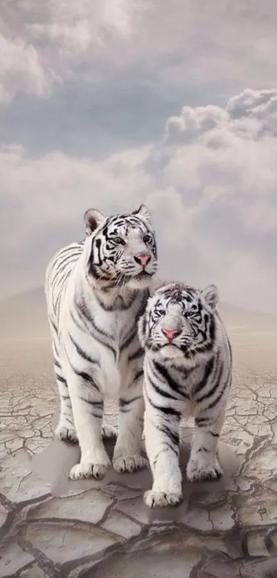 Majestic white tigers on cracked earth with a cloudy sky background.