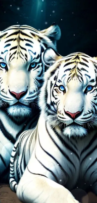 Majestic white tigers in serene, natural setting.