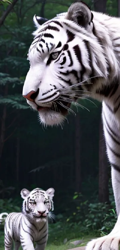 Majestic white tigers roaming a lush green forest.