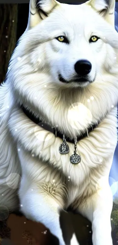 Majestic white wolf against a waterfall backdrop in a serene forest setting.