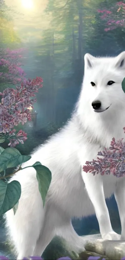 Majestic white wolf in lush forest landscape