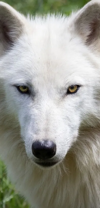 Close-up of a majestic white wolf in a green forest setting.