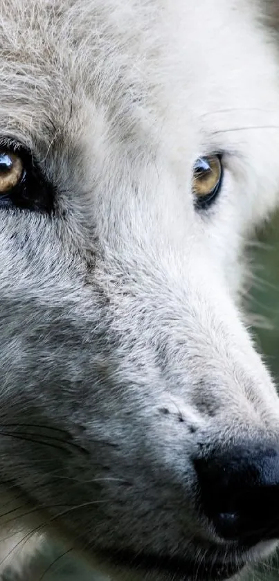 Majestic white wolf with piercing eyes in a forest.