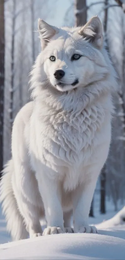 Majestic white wolf in snowy forest mobile wallpaper.