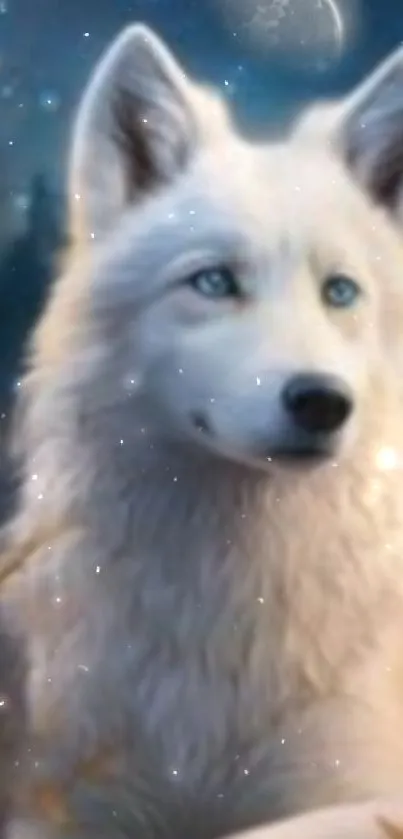 A majestic white wolf under a starry night sky.